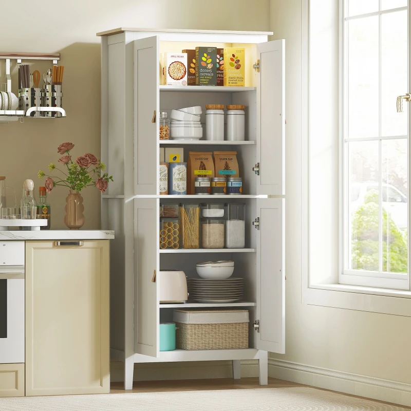 Image of HOMCOM HOMCOM Tall Kitchen Cupboard with Motion Sensor LED Light and Adjustable Shelves in White White One Size Unisex 5063603617667