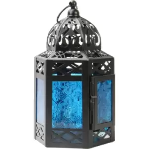 image of Blue Moroccan Hanging Lantern Tea Light Candle Holder in Vintage Style M&W - Blue