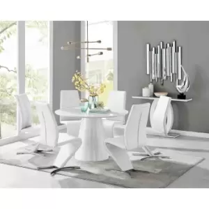 Image of Furniture Box Palma White High Gloss Round Dining Table and 6 White Willow Chairs