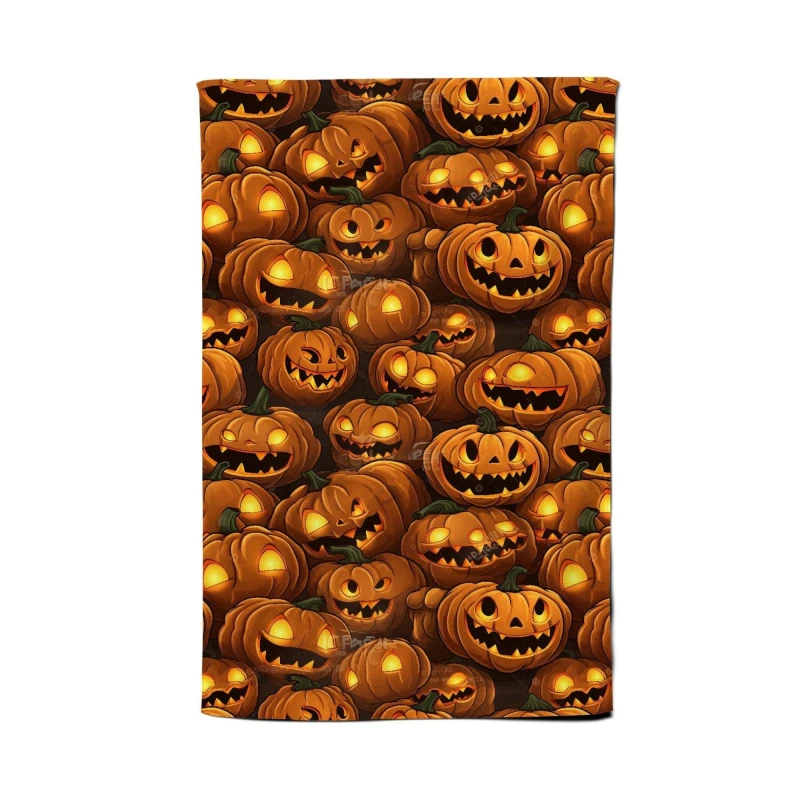 Image of Warren Reed - Designer Grinning Lanterns Pumpkins With Glowing Eyes Tea Towel in Orange Orange Unisex