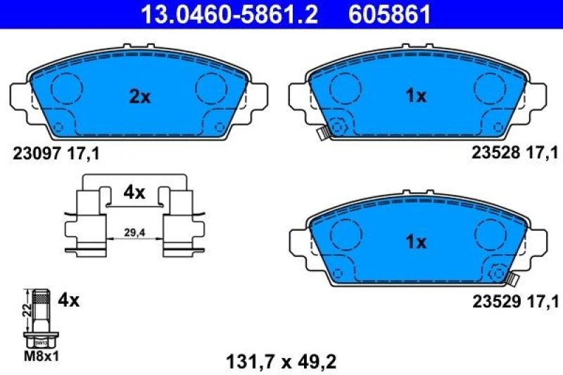 Image of ATE 13.0460-5861.2 Brake pad set with acoustic wear warning, with accessories, with brake caliper screws Brake Pad Set,disc brake (402)