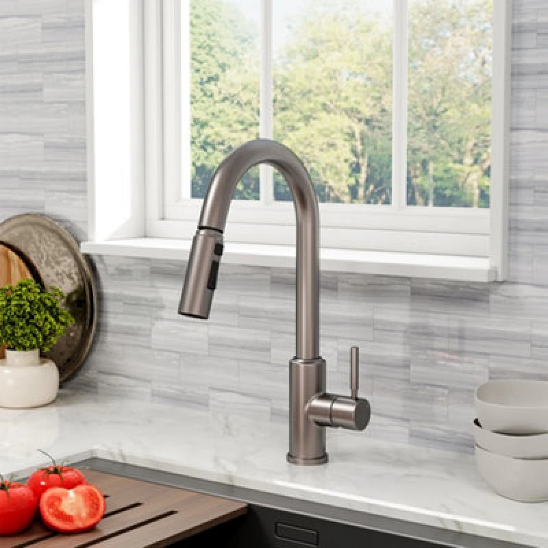 Image of Living And Home Grey Stainless Steel Side Lever Kitchen Spring Neck Pull Out Kitchen Tap Mixer Tap
