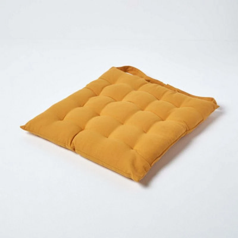 Image of Homescapes Plain Seat Pad with Button Straps 100% Cotton Mustard