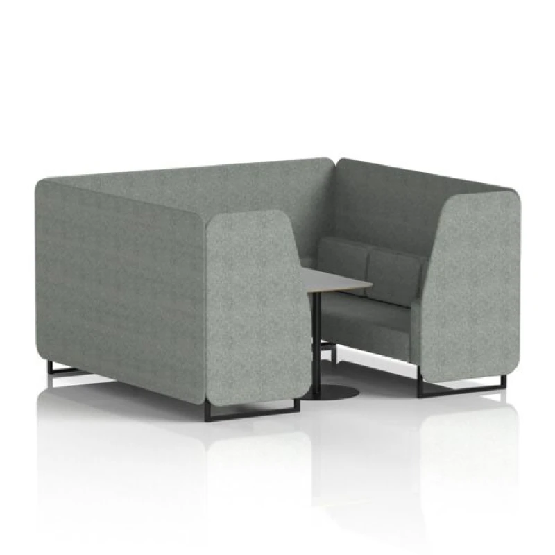 Image of Brixworth 6 Seater Office Booth with Front Panel - Black Legs and Grey Table with Black Leg in Rivet Fabric - Prime Panels and Sofa