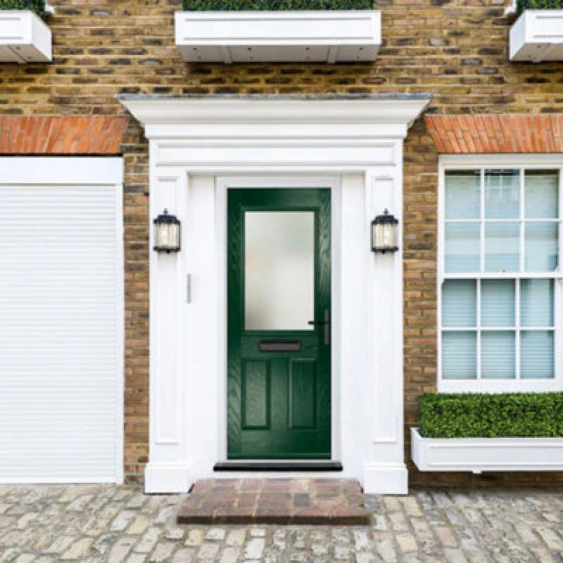 Image of Lacerta Composite Door Lytham Green 920mm X 2090mm Open In Left Hand Obs Glass 10 Year Guarantee - Free Delivery & Smart Lock