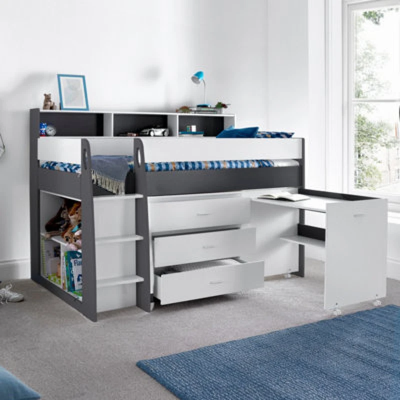 Image of Bedmaster Erin Grey And White Mid Sleeper Bed With Desk And Spring Mattress