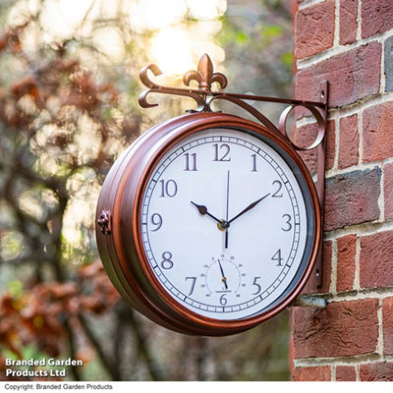 Image of Garden Gear Wyevale Double-Sided Station Clock & Thermometer In Copper