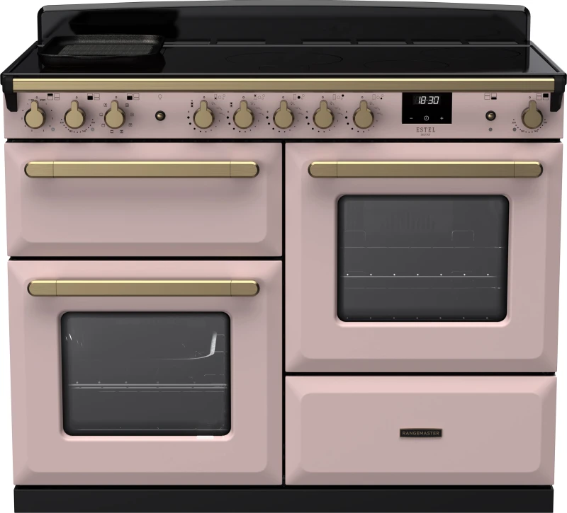 Image of Rangemaster Estel Deluxe ESDLO110EIPPPK/AB1 110cm wide Electric Range Cooker with Induction Hob - Pale Pink / Antique Brass - A Rated