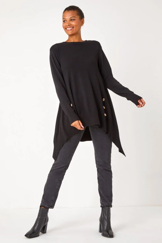 Image of Roman Buttoned Side Hanky Hem Jumper Black female