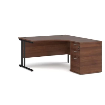 Image of Office Desk Right Hand Corner Desk 1400mm With Pedestal Walnut Top With Black Frame Maestro 25