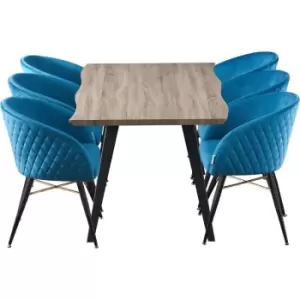 Image of Life Interiors - 7 Pieces Vittorio Rocco Dining Set - a Walnut Rectangular Dining Table and Set of 6 Blue Dining Chairs - Blue
