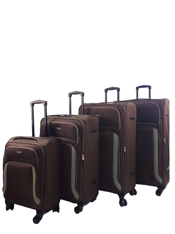 Image of Infinity Leather Soft 4 pcs Luggage 8 Wheel Light Travel Suitcase Set in Khaki Khaki Unisex