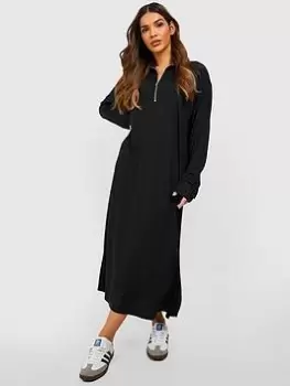 Image of Boohoo Half Zip Midaxi Split Jumper Dress - Black, Size 10, Women