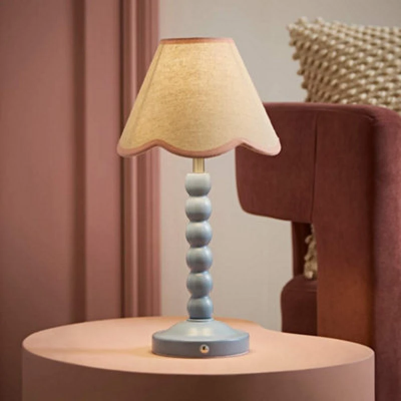 Image of Valuelights Bobble Pink Scallop Trim Shade Blue Rechargeable Wooden Table Lamp