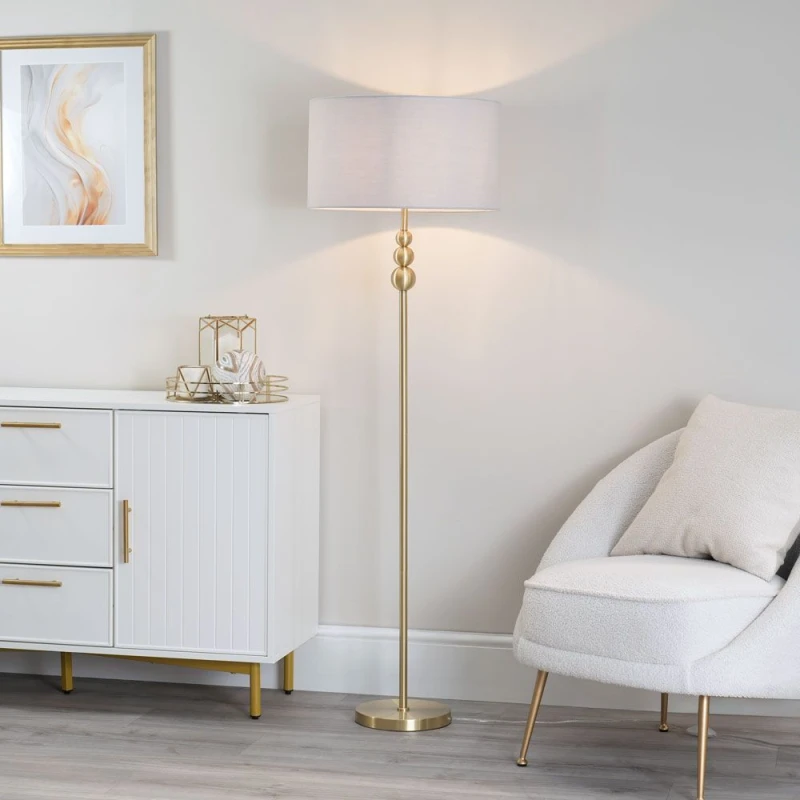 Image of ValueLights ValueLights Marissa Fabric Drum Shade with Brushed Gold Ball Floor Lamp with Bulb in Grey Grey One Size Unisex 5059406051791