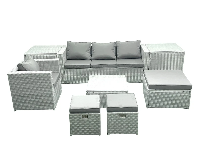 Image of Fimous Garden Outdoor Furniture Set 7 Seater Rattan Sofa Set with 3 Footstools Armchair 2 Side Tables Light Grey Mixed Light Grey