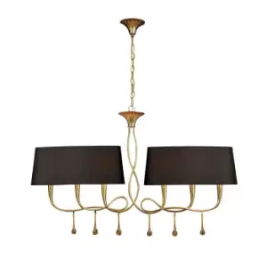 image of Paola Linear Pendant 2 Arm 6 Light E14, Gold Painted With Black Shades & Amber Glass Droplets