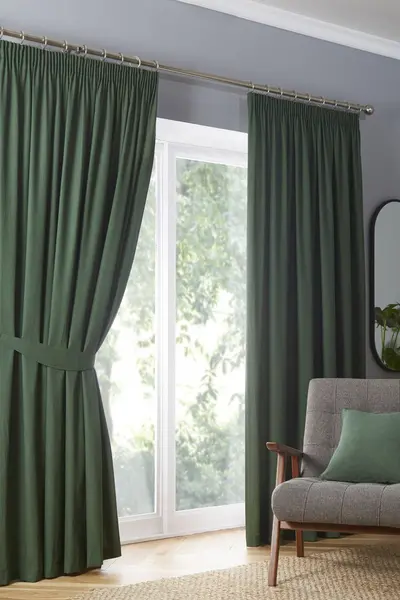 Image of Fusion 'Dijon' Thermal and Blackout Fully Lined Pencil Pleat Curtains Bottle Green