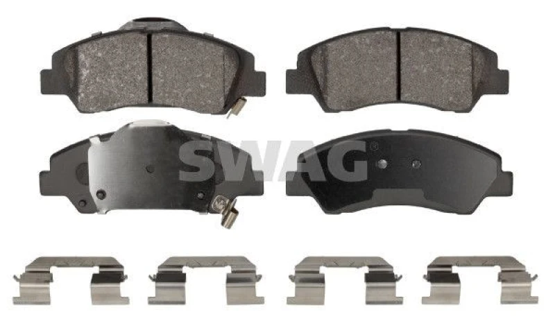 Image of SWAG 33 11 0390 Brake pad set Front Axle, with acoustic wear warning, with retaining spring holder, with anti-squeak plate Brake Pad Set,disc brake (