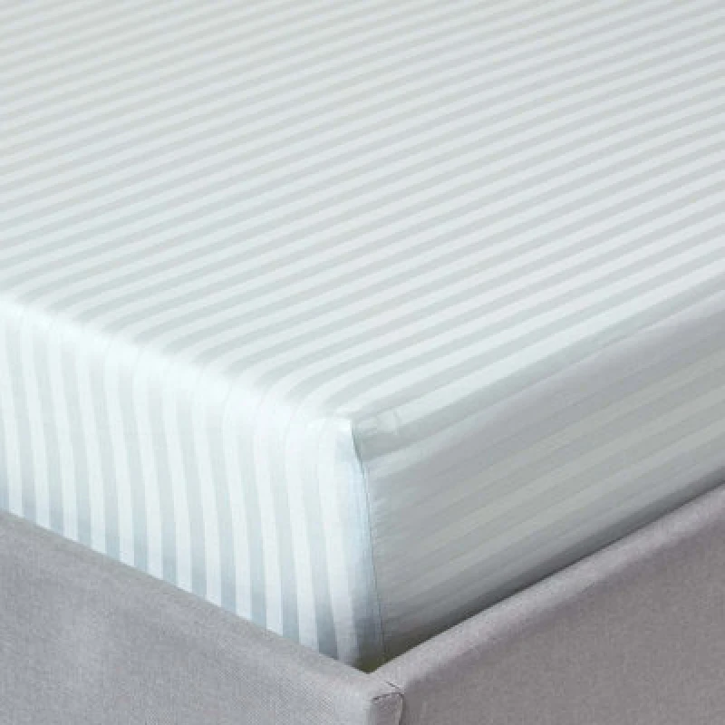 Image of Homescapes Blue Egyptian Cotton Satin Stripe Fitted Sheet 330 Tc, Double