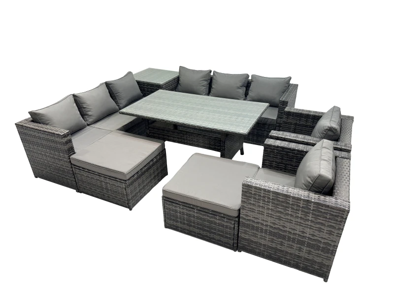 Image of Fimous Garden Rattan Furniture Set 10 Seater with Side Table 2 Big Stools in Dark Grey Dark Grey Unisex