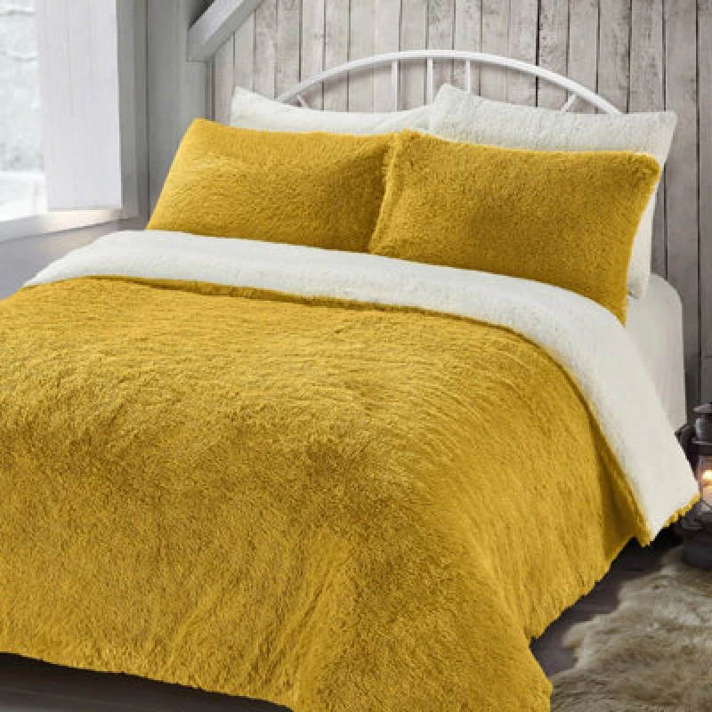 Image of Velosso Alaska Shaggy Faux Fur Warm & Cosy Duvet Cover & Pillowcase Set in Yellow Size: Double Yellow Unisex Double