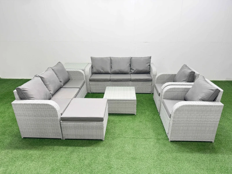 Image of Fimous PE Rattan High Back Lounge Sofa Set Patio Square Coffee Table & Chairs Set with 3 Seater Sofa Reclining Chair Big Footstool Side Table Light Gr