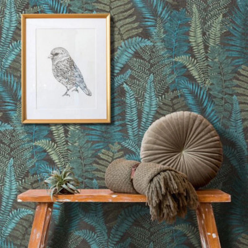 Image of As Creation Famous Garden Fern Leaves Botanical Themed Blue/green/black Wallpaper