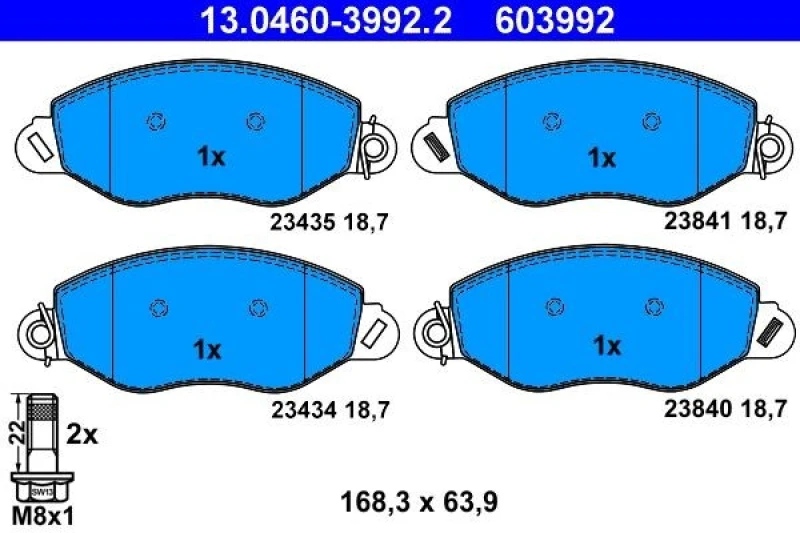 Image of ATE 13.0460-3992.2 Brake pad set with acoustic wear warning, with brake caliper screws Brake Pad Set,disc brake (402)