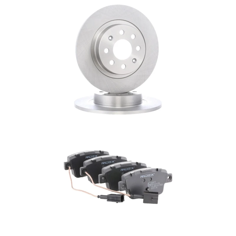 Image of RIDEX 3405B1852 Brake disc and pads set Rear Axle, Brake Disc Type: Solid, incl. wear warning contact Brake Set,disc brakes (3405)