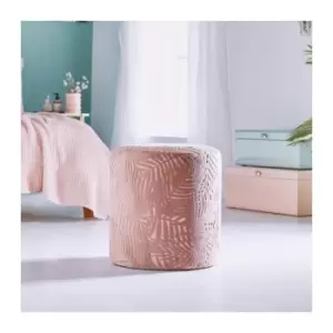 image of BTFY Velvet Footstool - Pink Footrest Stool Pouffe - Round Upholstered Stool with Jacquard Fabric Floral Leaf Design for Bedroom, Dressing Table,