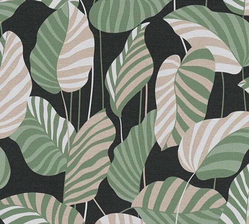 Image of As Creation Antigua Stripe Jungle Leaf Motif Green Black White Wallpaper 390942