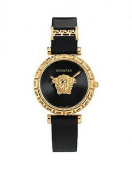 Image of Versace Palazzo Empire Greca Black And Silver Detail Dial Black Leather Strap Watch