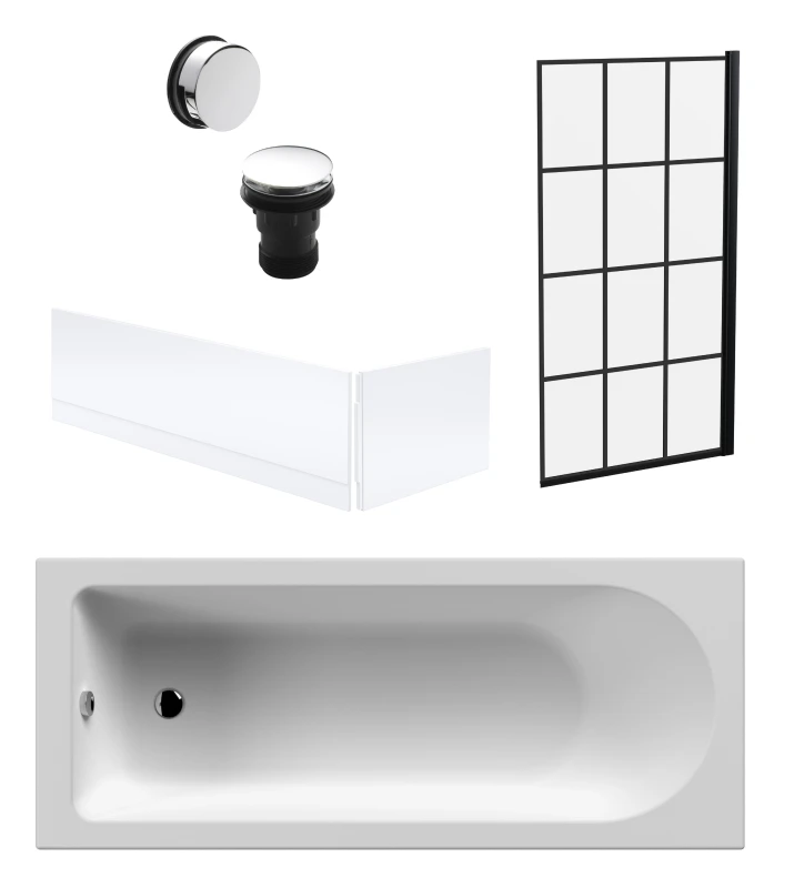 Image of Balterley Round Bath, Black Framed Screen, Panels, Chrome Waste -1700 x 700mm Silver