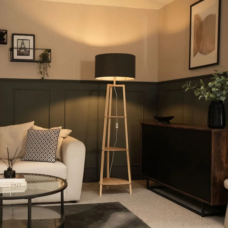 Image of ValueLights Hiru Natural Wooden 3 Tier Shelf Floor Lamp Light with Boucle Shade Charcoal