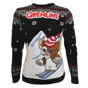 image of Gremlins Unisex Adult Skiing Gizmo Knitted Christmas Jumper (XL) (Black/White)