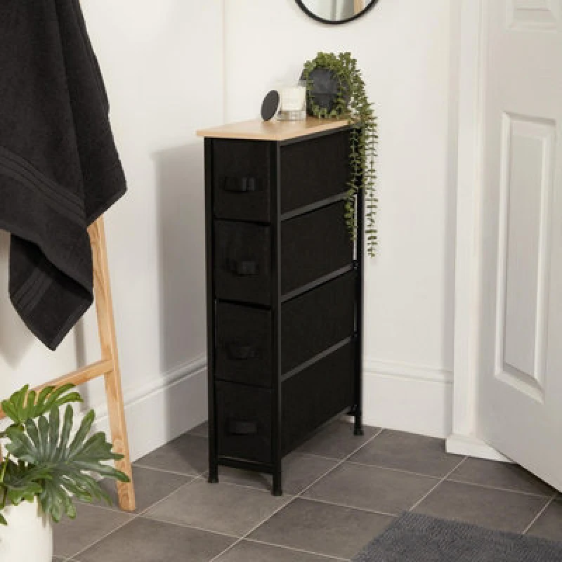 Image of OHS OHS Narrow 4 Drawer Storage Cabinet Bedside Table Unit Fabric Organiser in Black One Size Unisex 5027434212286