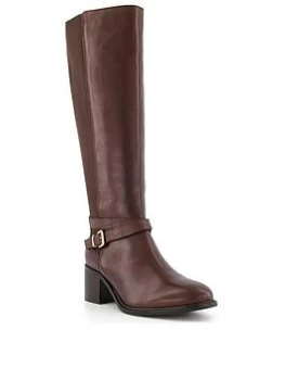 image of Dune London Tildings Leather Strap Detail High Leg Boot - Brown, Size 8, Women