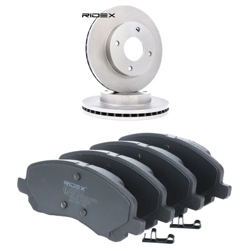 Image of RIDEX 3405B2009 Brake disc and pads set with accessories, Front Axle, Brake Disc Type: Vented, with acoustic wear warning Brake Set,disc brakes (3405