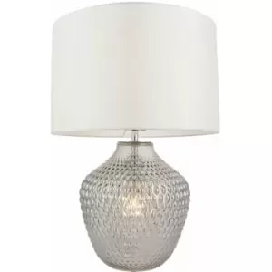 image of Grey Tinted Faceted Glass Twin Lit Table Lamp Light & Vintage White Fabric Shade