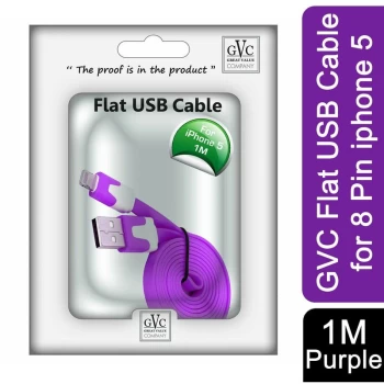 image of 1 Metre Tangle Free Flat USB to 8 Pin Cable for Syncing & Charging, Purple - GVC