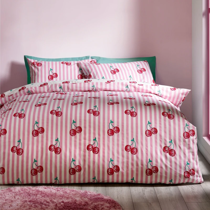 Image of Catherine Lansfield Catherine Lansfield 'Disco Cherries Stripes' Reversible Duvet Cover Set in Pink Size: Double Pink Double Unisex 5057681185934
