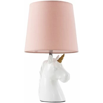 image of White & Gold Ceramic Unicorn Table Lamp + Dusty Pink Light Shade - No Bulb