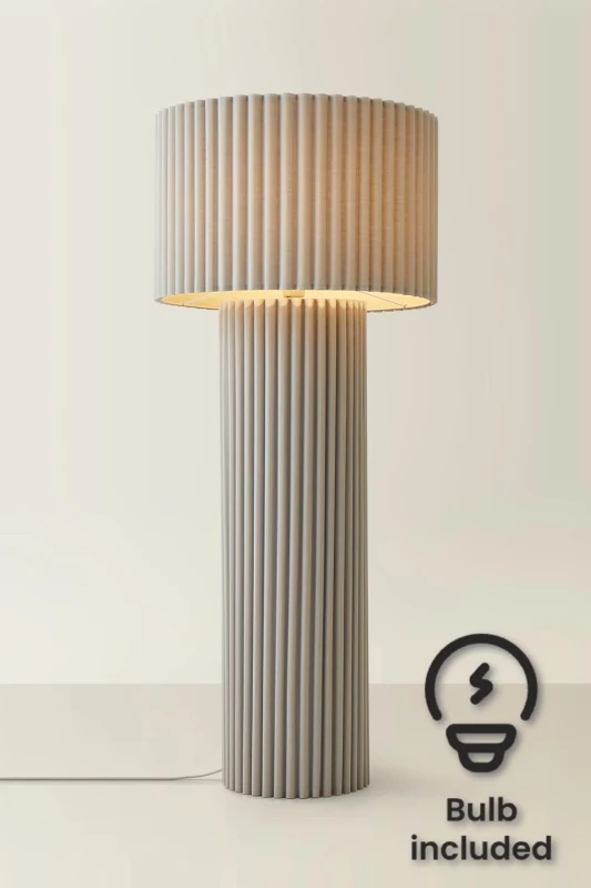 Image of ValueLights ValueLights Lenny Drum Shade Colour Drench Ribbed Fabric Midi Floor Lamp with Bulb in Stone Stone One Size Unisex 5059406066511