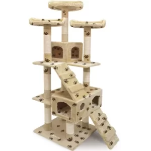 image of CADOCA Cat Scratching Tree Post 175cm Activity Centre 6FT Toy Scratcher Kitten Climbing Beige Paw Motif