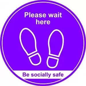 image of Purple Social Distancing Floor Graphic - Please Wait Here 400mm dia.