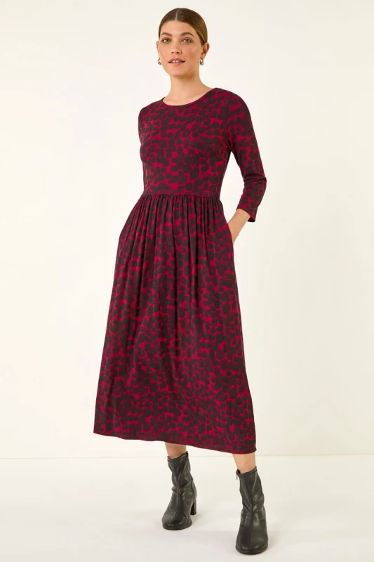 Image of Roman Womens Abstract Spot Stretch Midi Dress in Wine Size: 18 Wine Female 18