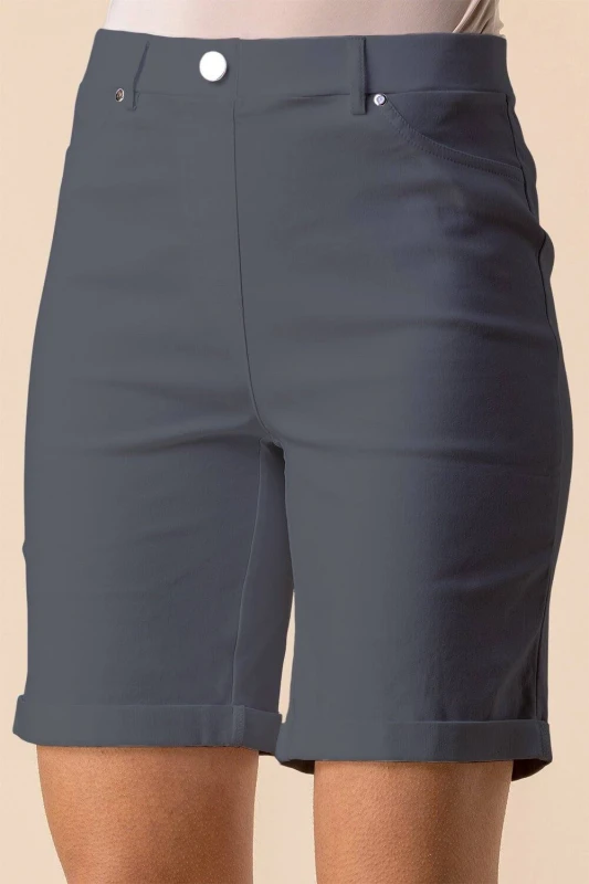 Image of Roman Womens Elastic Waist Turn Up Stretch Shorts in Dark Grey Size: 10 Dark Grey Female 10