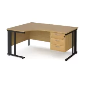 Image of Office Desk Left Hand Corner Desk 1600mm With Pedestal Oak Top With Black Frame 1200mm Depth Maestro 25 MCM16ELP3KO