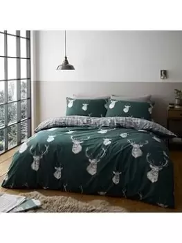 Image of Catherine Lansfield Stag Check Duvet Cover Set In Green